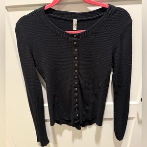 Free People Intimately Black Waffle Knit Snap Front Top Size M Long Sleeve Raw